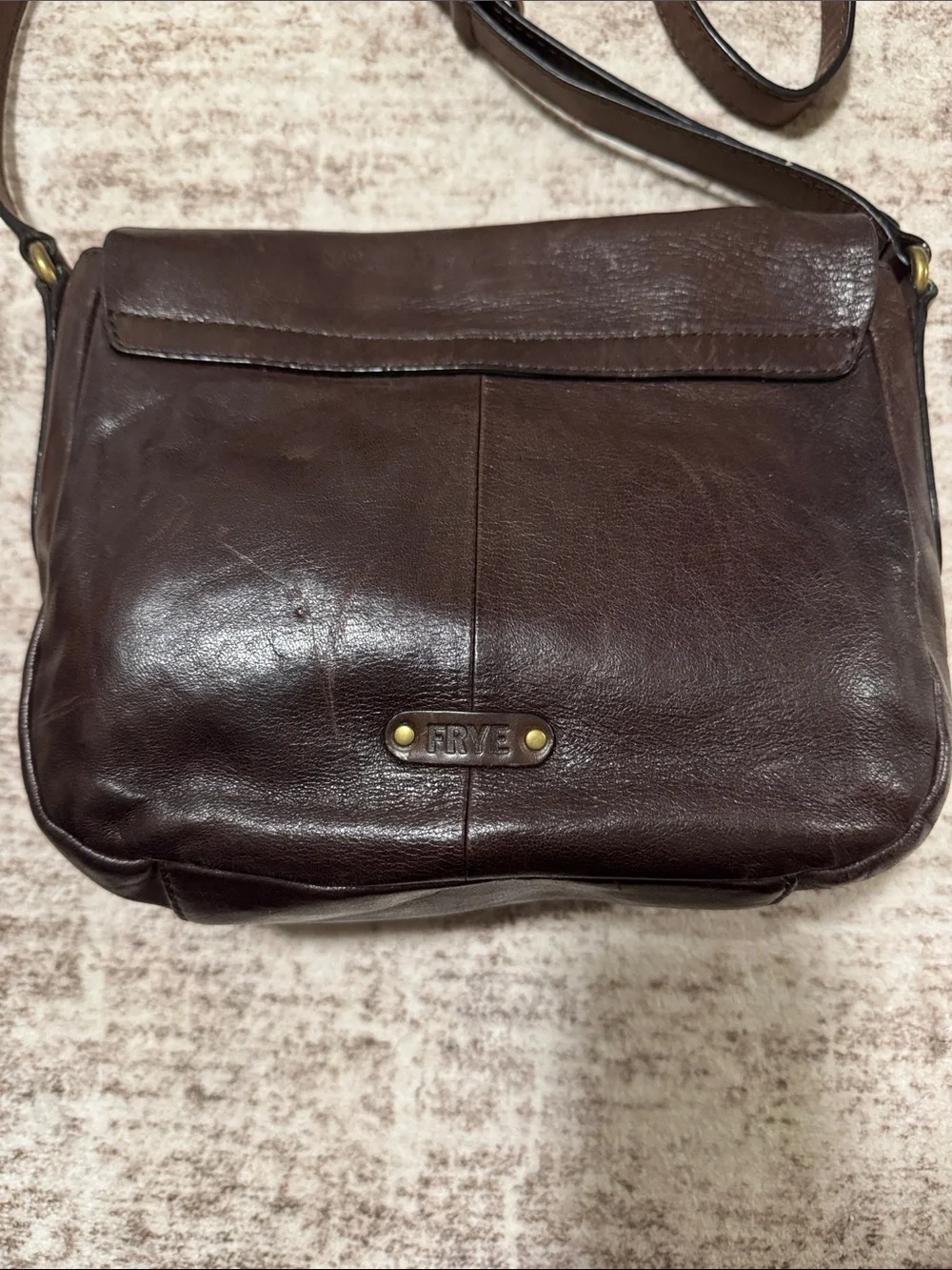 Frye Classic Brown Leather Crossbody Bag with Brass Ring Accent